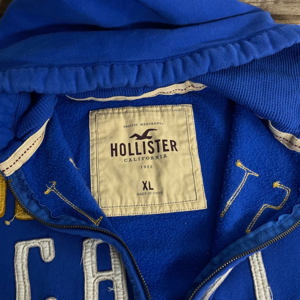 Hollister Cali Logo Full Zip Fleece Hoodie Long Sleeve Mens XL Blue READ - Picture 5 of 8